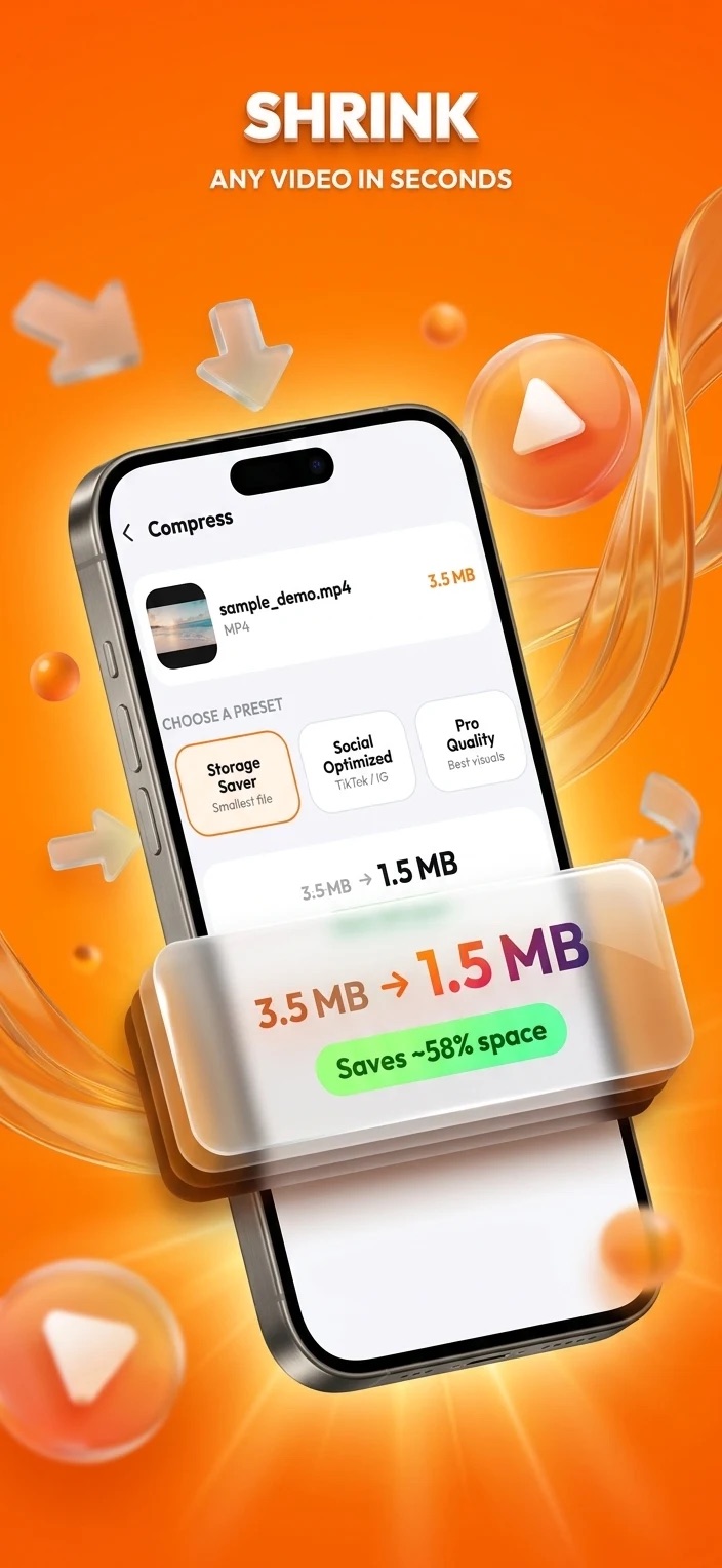 Compress screen shrinking a video from 3.5 MB to 1.5 MB