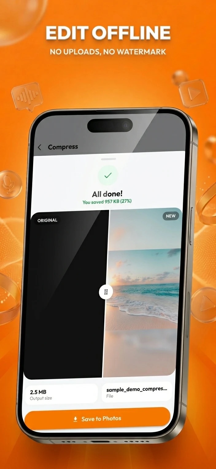Compress result screen with a before/after comparison slider